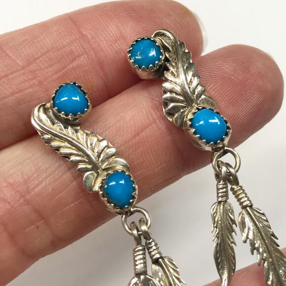Running Bear Trading Sterling Silver Turquoise Sawtooth Bezel Feather Earrings - Picture 6 of 12
